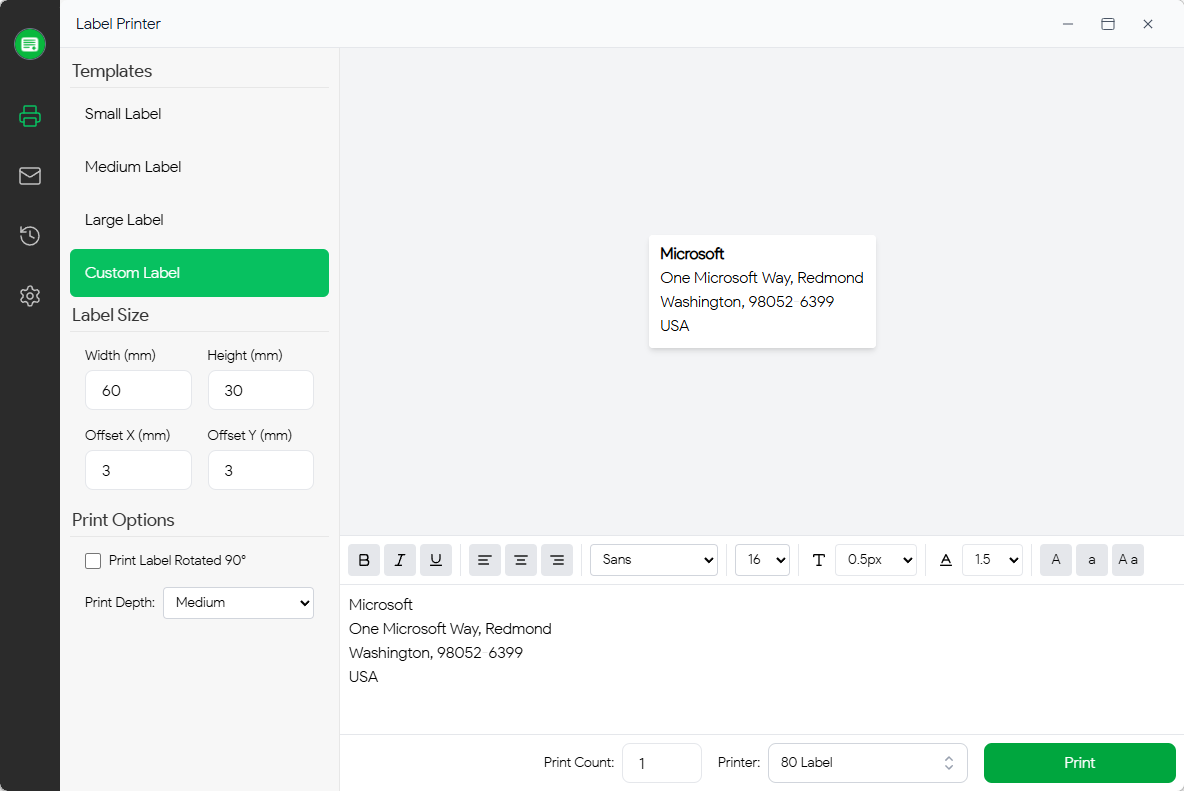 Address label printing software with label templates, size settings and a live address label preview