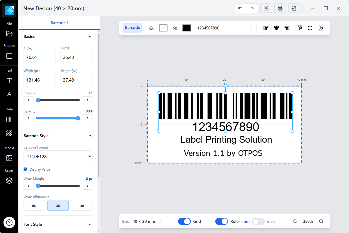Barcode label software editing a 40 x 20 mm CODE128 label with rulers, grid and property panel