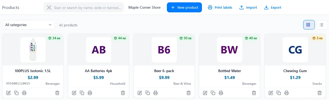 Products page in grid view with stock badges