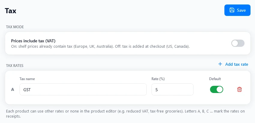 Tax settings with tax rates