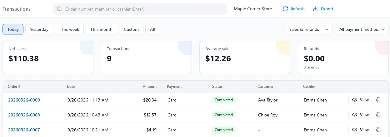 Transactions list with period filters and summary cards