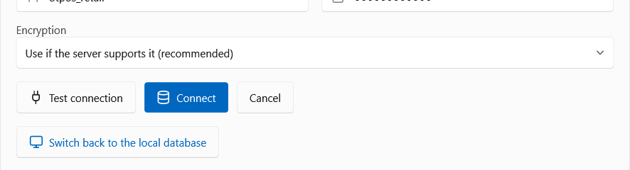 Network data with the connection form open: Test connection, Connect, Cancel and Switch back to the local database