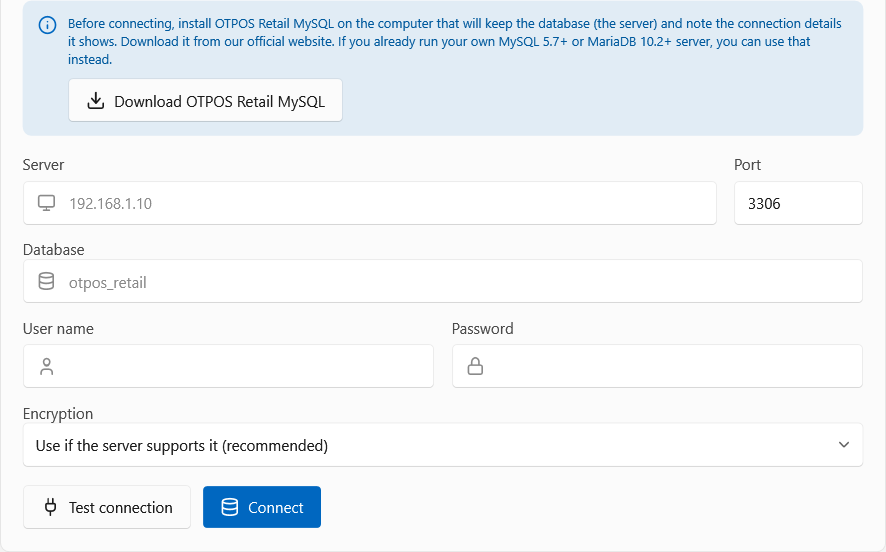 Network database connection form on a register