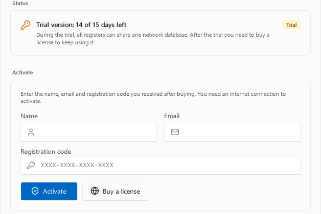 Register OTPOS Retail dialog with trial days left and activation fields