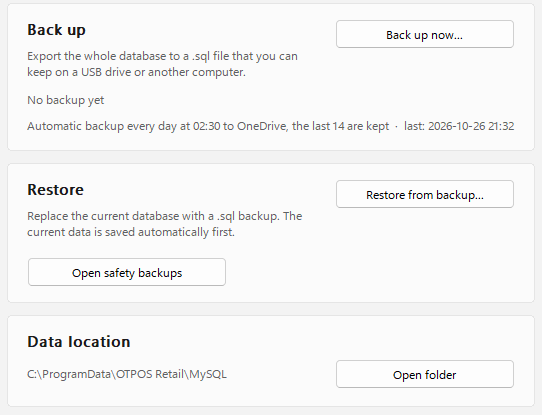 OTPOS Retail MySQL Setup, Backup and restore page