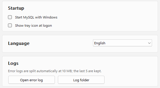 Setup window, General page: Startup options, Language, Logs, About