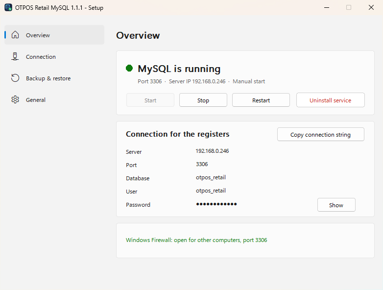 OTPOS Retail MySQL Setup window: MySQL is running, with the connection details for the registers